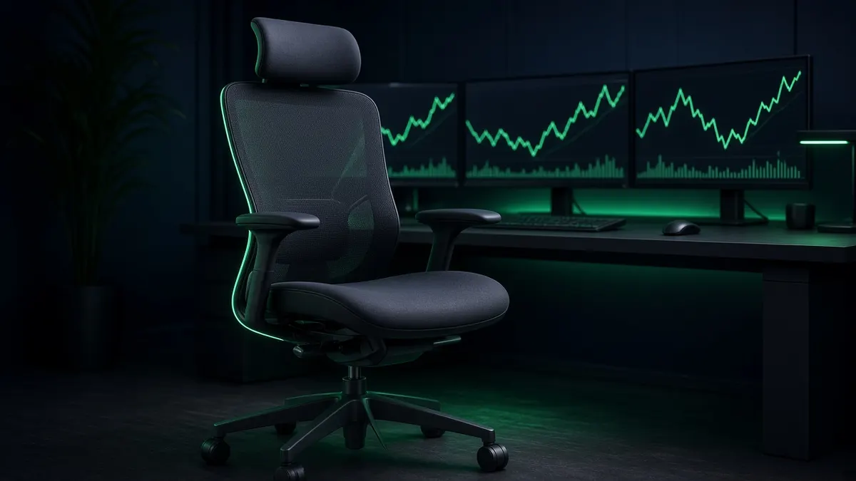 Illustration of an ergonomic mesh office chair in front of a trading desk with chart monitors