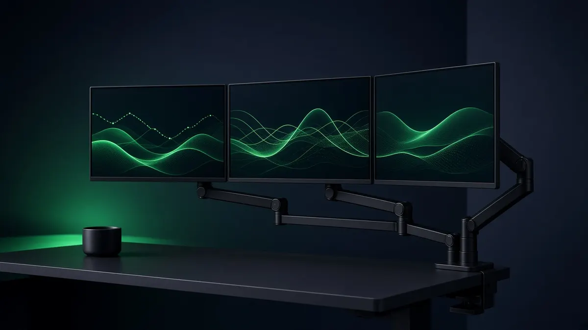Illustration of three monitors on an articulating triple monitor arm clamped to a dark desk