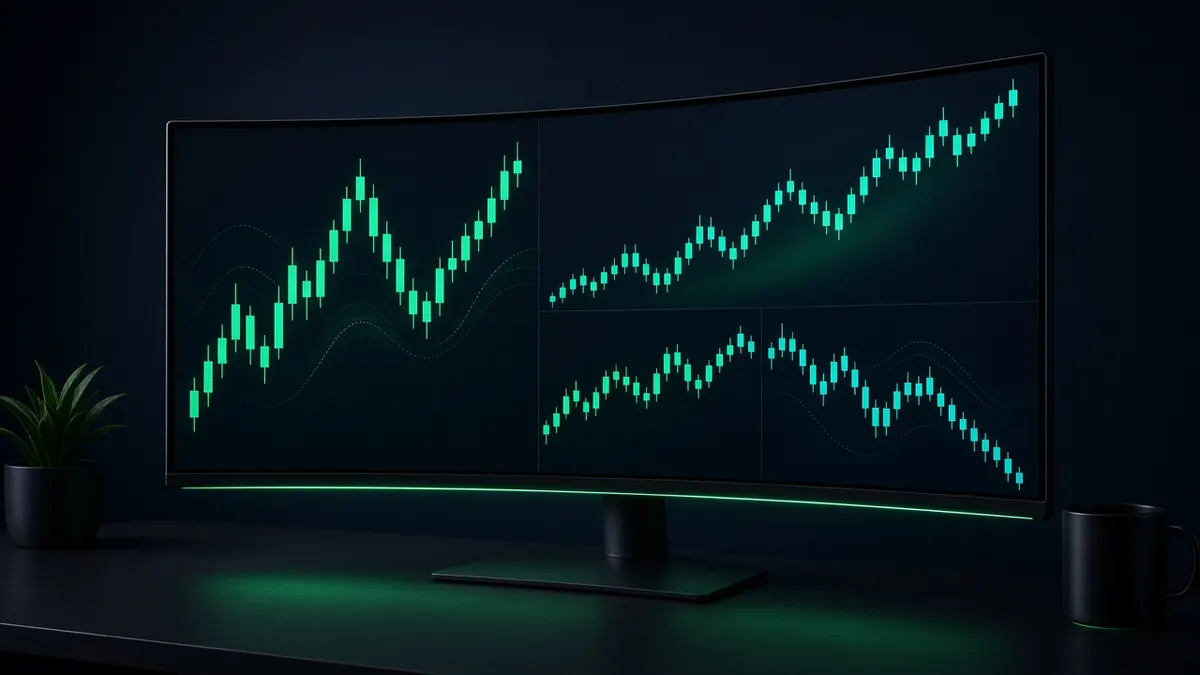 Illustration of a curved ultrawide monitor showing several candlestick chart panels on a dark trading desk